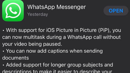 WhatsApp在iOS应用程序上推出用于视频通话的画中画功能