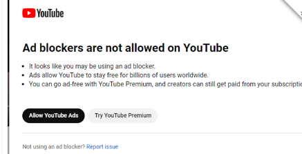 YouTube正在尝试在其平台上屏蔽广告拦截器
