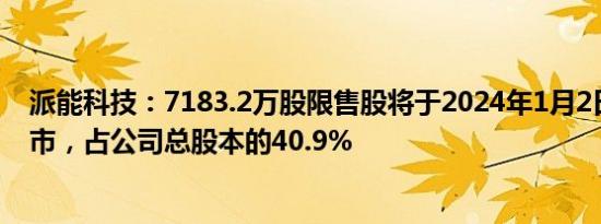 派能科技：7183.2万股限售股将于2024年1月2日起解禁上市，占公司总股本的40.9%
