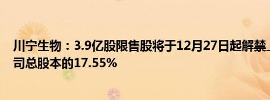 川宁生物：3.9亿股限售股将于12月27日起解禁上市，占公司总股本的17.55%