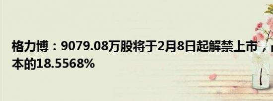格力博：9079.08万股将于2月8日起解禁上市，占公司总股本的18.5568%