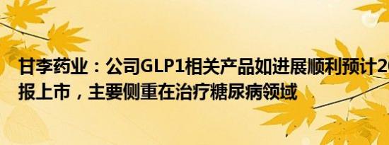 甘李药业：公司GLP1相关产品如进展顺利预计2025年可申报上市，主要侧重在治疗糖尿病领域