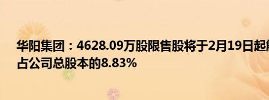 华阳集团：4628.09万股限售股将于2月19日起解禁上市，占公司总股本的8.83%
